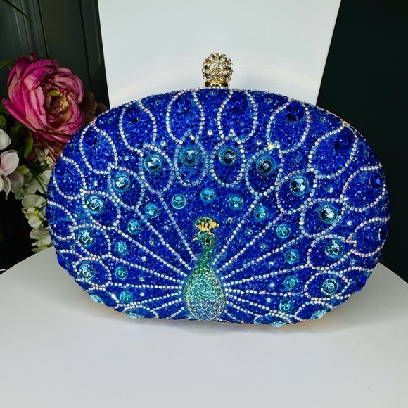 SHADES OF ROYAL BLUE CRYSTALS & PEACOCK CLUTCH BAG - Picture 3 of 10